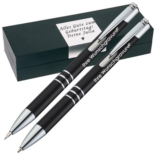 Schreibset Kugelschreiber & Druckbleistift aus Metall mit Gravur in Geschenkbox | personalisiertes Geschenkset im Etui für 10 Stifte | Box mit Wunschgravur