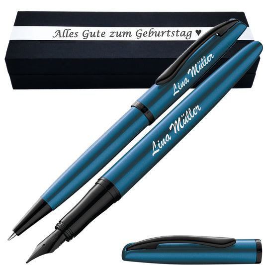 Pelikan Schreibset Füllhalter & Kugelschreiber Jazz Noble Elegance Aquamarin mit Gravur – längliche Gravurfläche