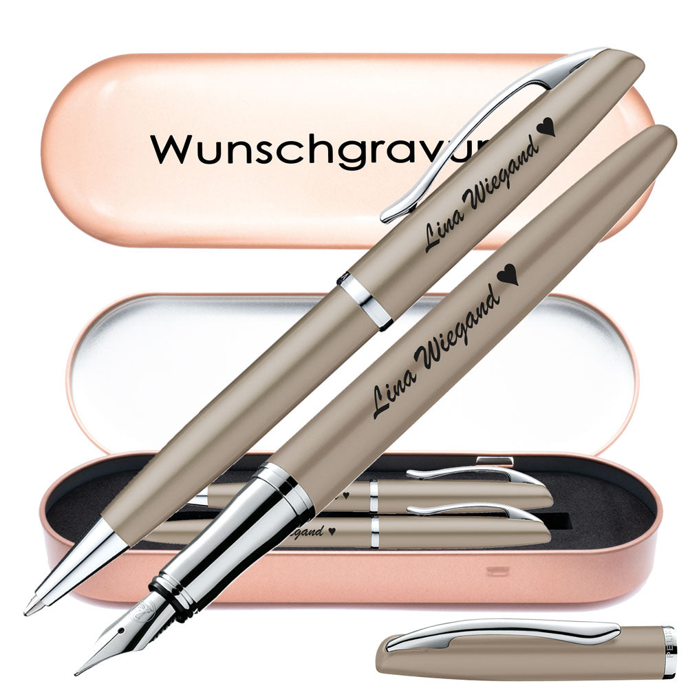 Pelikan Schreibset Füllhalter & Kugelschreiber Jazz Noble Elegance Taupe mit Gravur inkl. Geschenkbox mit Gravur