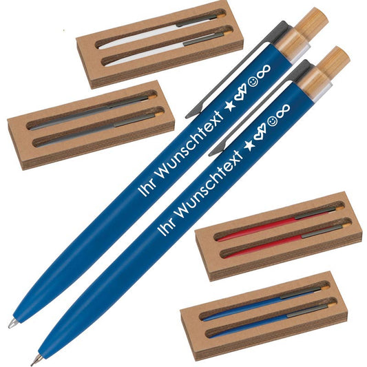 Schreibset mit Wunschgravur | Kugelschreiber und Druckbleistift | Bambusdrücker | recyceltes Aluminium | Blau schreibend Schriftarten | Werbekugelschreiber Gravur