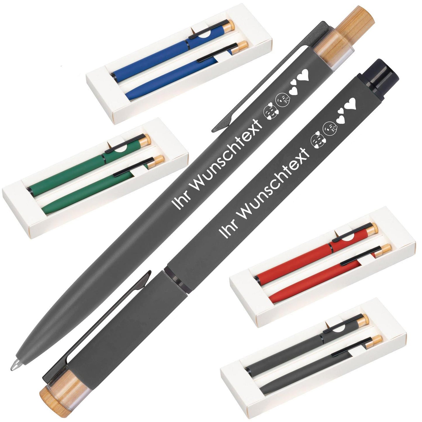 Schreibset mit Wunschgravur | Kugelschreiber und Rollerball | Bambusdrücker | recyceltes Aluminium | Blau schreibend Schriftarten | Werbekugelschreiber Gravur