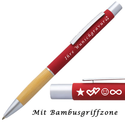 Kugelschreiber mit Gravur | Bambusgriffzone | Blau schreibend | Kugelschreiber personalisiert | Wunschgravur mit Symbolen möglich | mit Box | 6 Farben