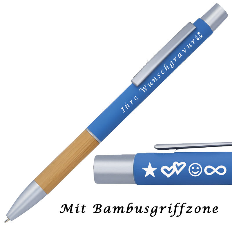 Kugelschreiber mit Gravur | Bambusgriffzone | Blau schreibend | Kugelschreiber personalisiert | Wunschgravur mit Symbolen möglich | mit Box | 6 Farben