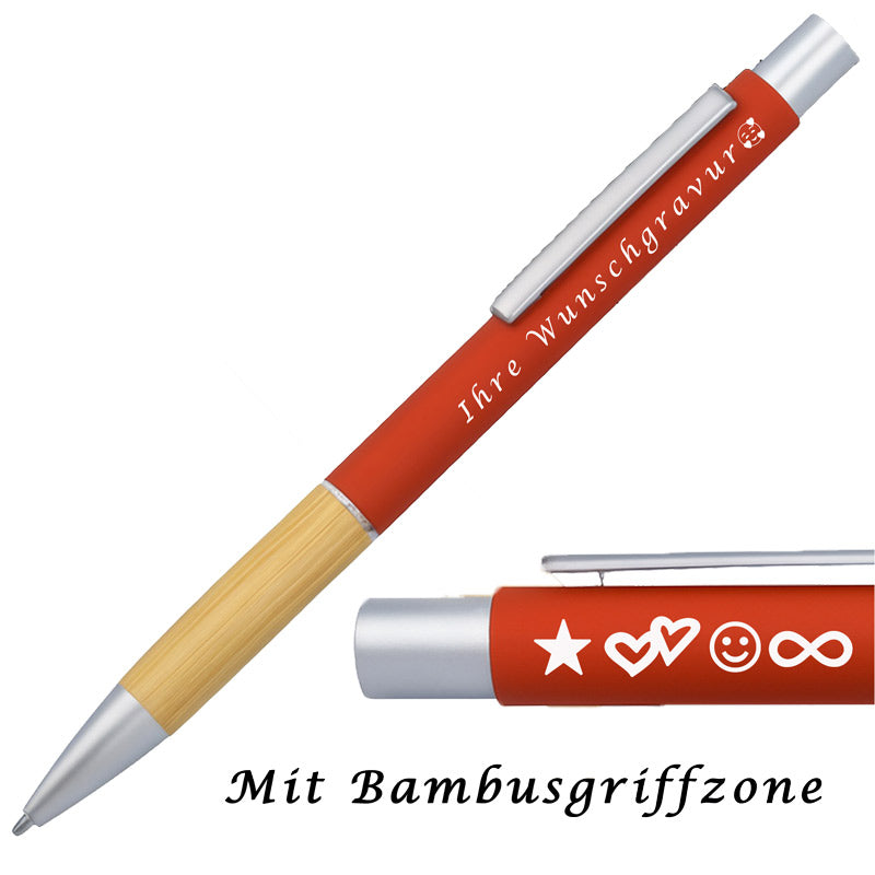 Kugelschreiber mit Gravur | Bambusgriffzone | Blau schreibend | Kugelschreiber personalisiert | Wunschgravur mit Symbolen möglich | mit Stiftbox | 6 Farben