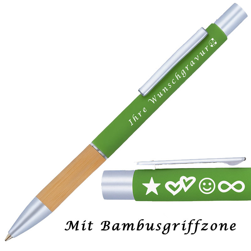 Kugelschreiber mit Gravur | Bambusgriffzone | Blau schreibend | Kugelschreiber personalisiert | Wunschgravur mit Symbolen möglich | mit Box | 6 Farben