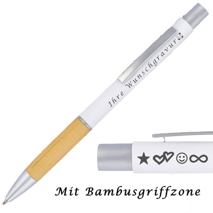 Kugelschreiber mit Gravur | Bambusgriffzone | Blau schreibend | Kugelschreiber personalisiert | Wunschgravur mit Symbolen möglich | mit Box | 6 Farben