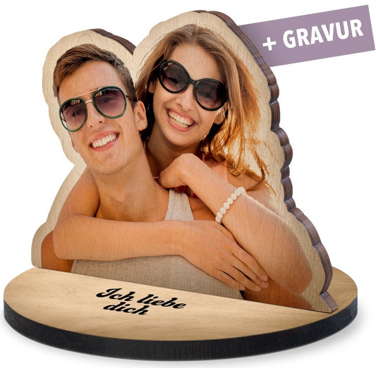 Fotoaufsteller aus Holz mit eigenem Foto | Farbdruck in Fotoqualität | Sockel mit Namensgravur | Personalisiertes Geschenk zu Hochzeit, Jahrestag & Valentinstag