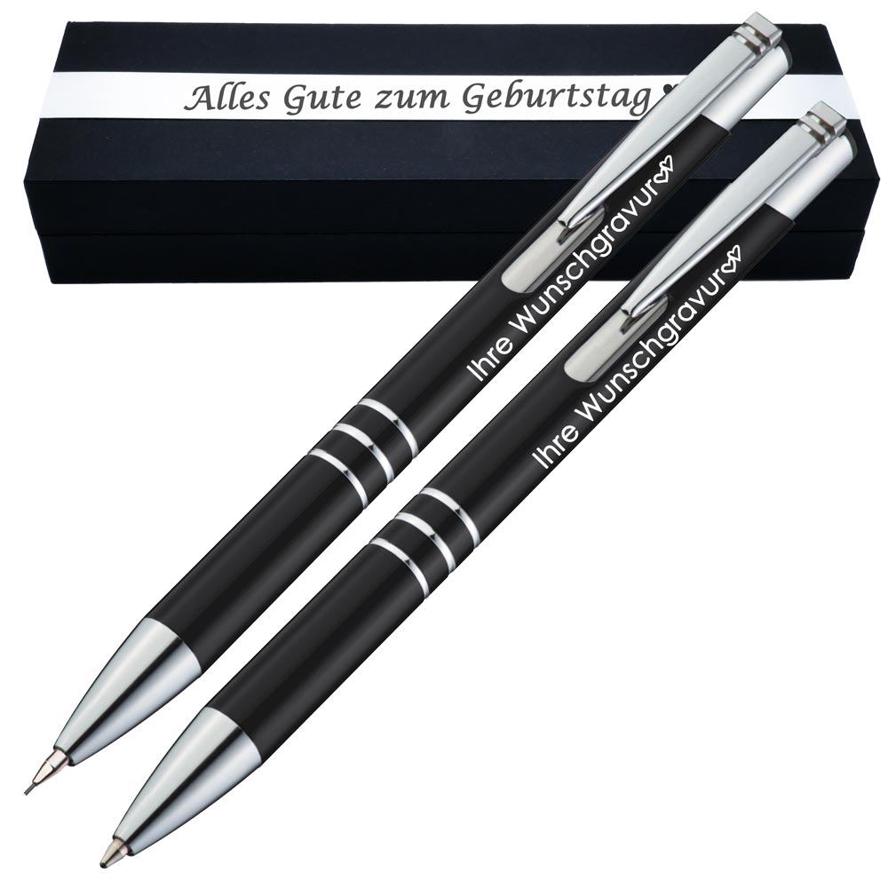 Schreibset Kugelschreiber & Druckbleistift aus Metall mit Gravur in Geschenkbox | personalisiertes Geschenkset im Etui für 10 Stifte | Box mit Wunschgravur