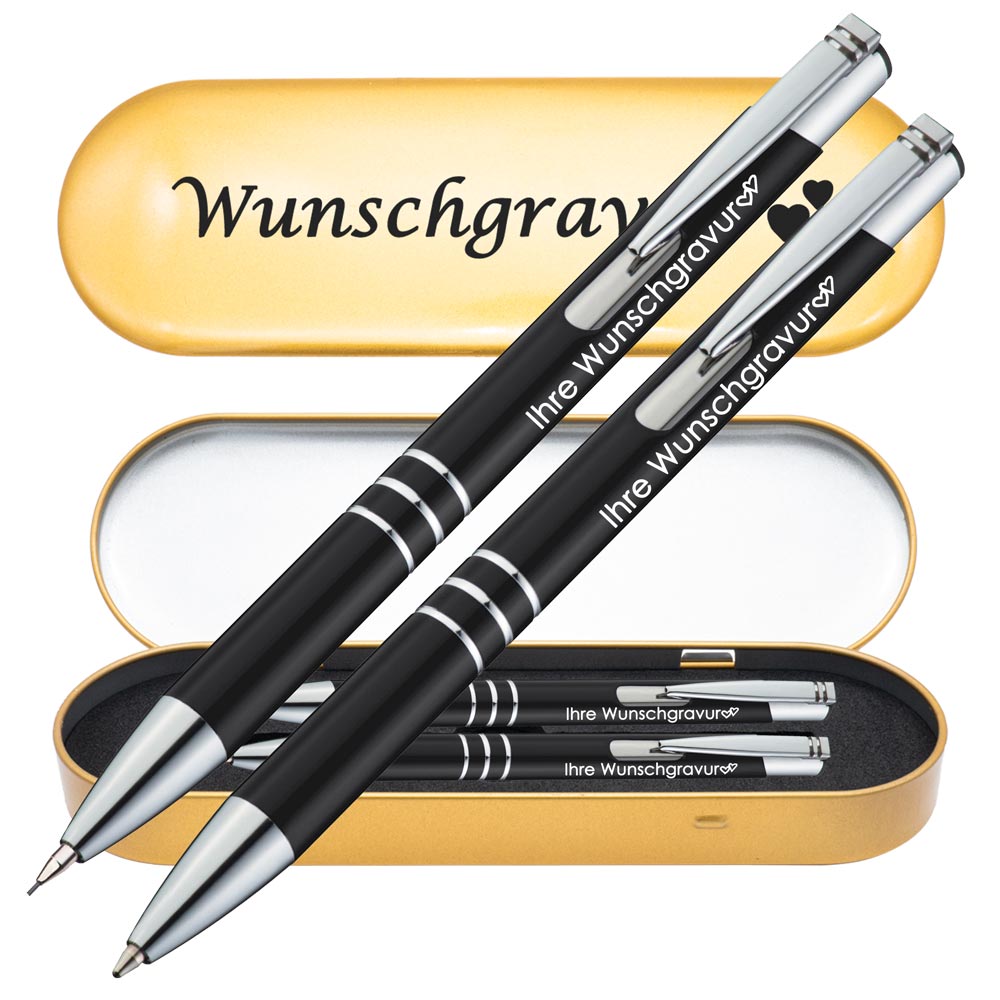 Schreibset Kugelschreiber & Druckbleistift aus Metall mit Gravur in Geschenkbox | personalisiertes Geschenkset im Etui für 10 Stifte | Box mit Wunschgravur