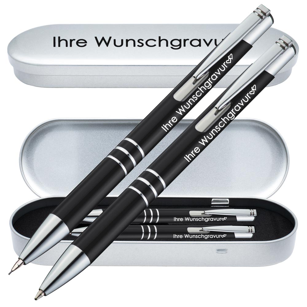 Schreibset Kugelschreiber & Druckbleistift aus Metall mit Gravur in Geschenkbox | personalisiertes Geschenkset im Etui für 10 Stifte | Box mit Wunschgravur