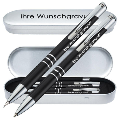 Schreibset Kugelschreiber & Druckbleistift aus Metall mit Gravur in Geschenkbox | personalisiertes Geschenkset im Etui für 10 Stifte | Box mit Wunschgravur