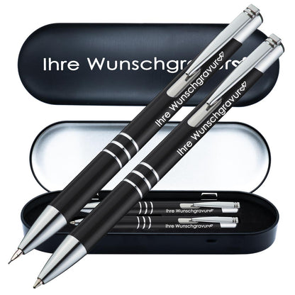 Schreibset Kugelschreiber & Druckbleistift aus Metall mit Gravur in Geschenkbox | personalisiertes Geschenkset im Etui für 10 Stifte | Box mit Wunschgravur