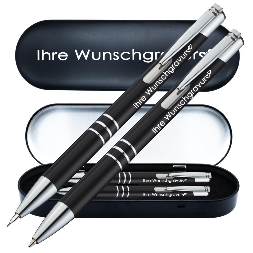 Schreibset Kugelschreiber & Druckbleistift aus Metall mit Gravur in Geschenkbox | personalisiertes Geschenkset im Etui für 10 Stifte | Box mit Wunschgravur