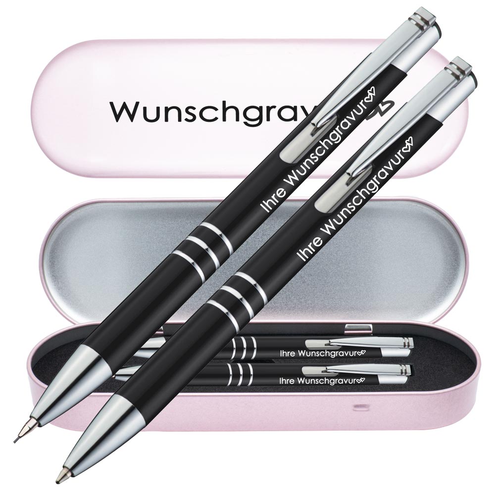 Schreibset Kugelschreiber & Druckbleistift aus Metall mit Gravur in Geschenkbox | personalisiertes Geschenkset im Etui für 10 Stifte | Box mit Wunschgravur