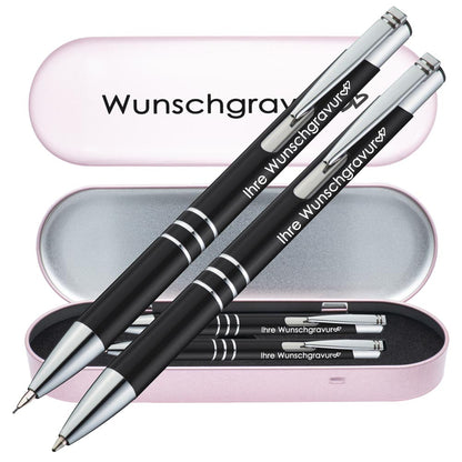 Schreibset Kugelschreiber & Druckbleistift aus Metall mit Gravur in Geschenkbox | personalisiertes Geschenkset im Etui für 10 Stifte | Box mit Wunschgravur