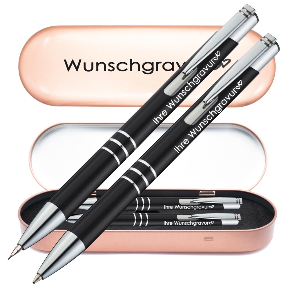 Schreibset Kugelschreiber & Druckbleistift aus Metall mit Gravur in Geschenkbox | personalisiertes Geschenkset im Etui für 10 Stifte | Box mit Wunschgravur