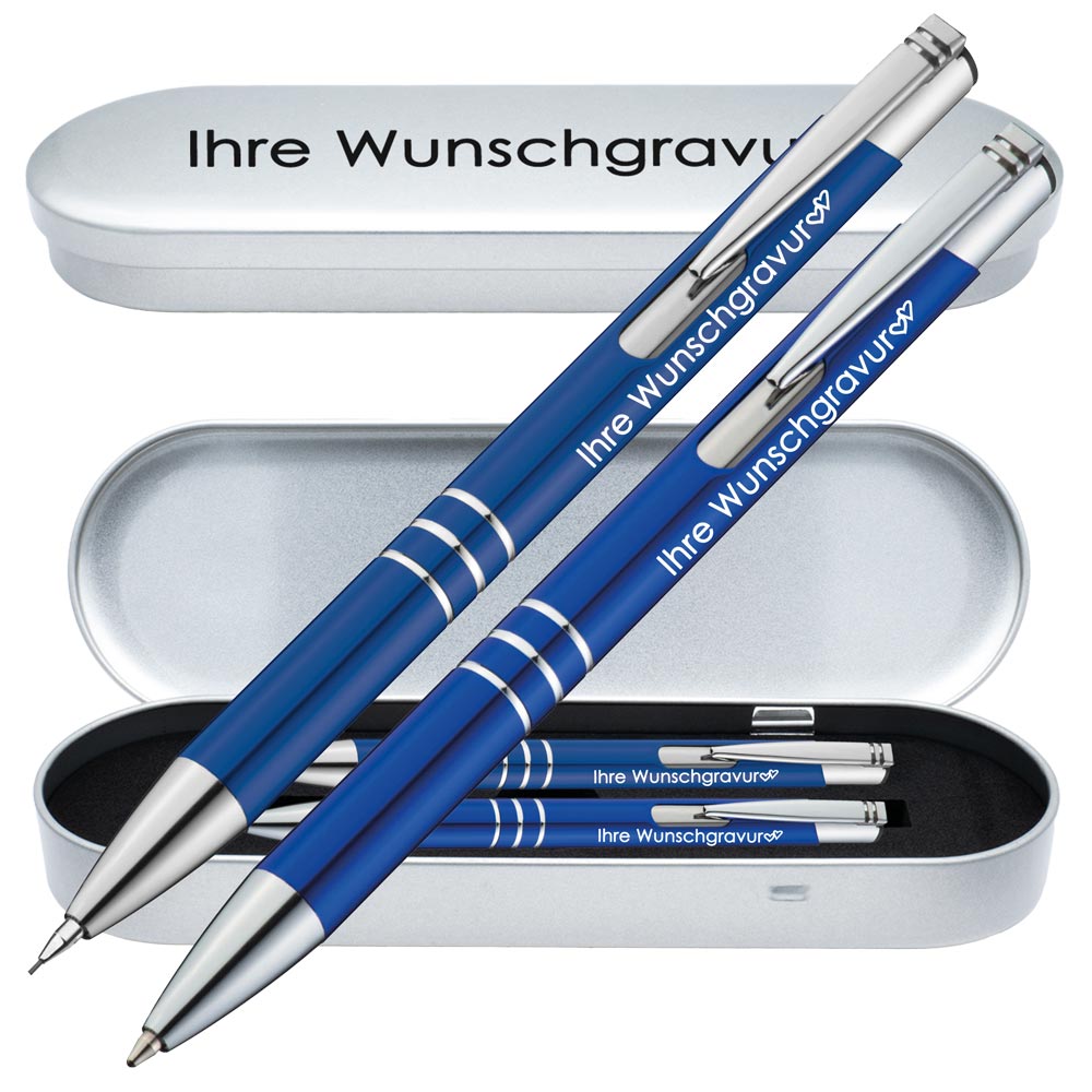 Schreibset Kugelschreiber & Druckbleistift aus Metall mit Gravur in Geschenkbox | personalisiertes Geschenkset im Etui für 10 Stifte | Box mit Wunschgravur