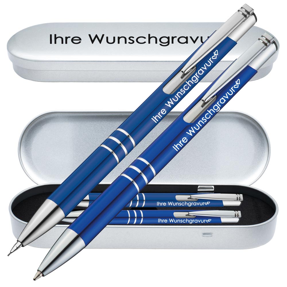 Schreibset Kugelschreiber & Druckbleistift aus Metall mit Gravur in Geschenkbox | personalisiertes Geschenkset im Etui für 10 Stifte | Box mit Wunschgravur