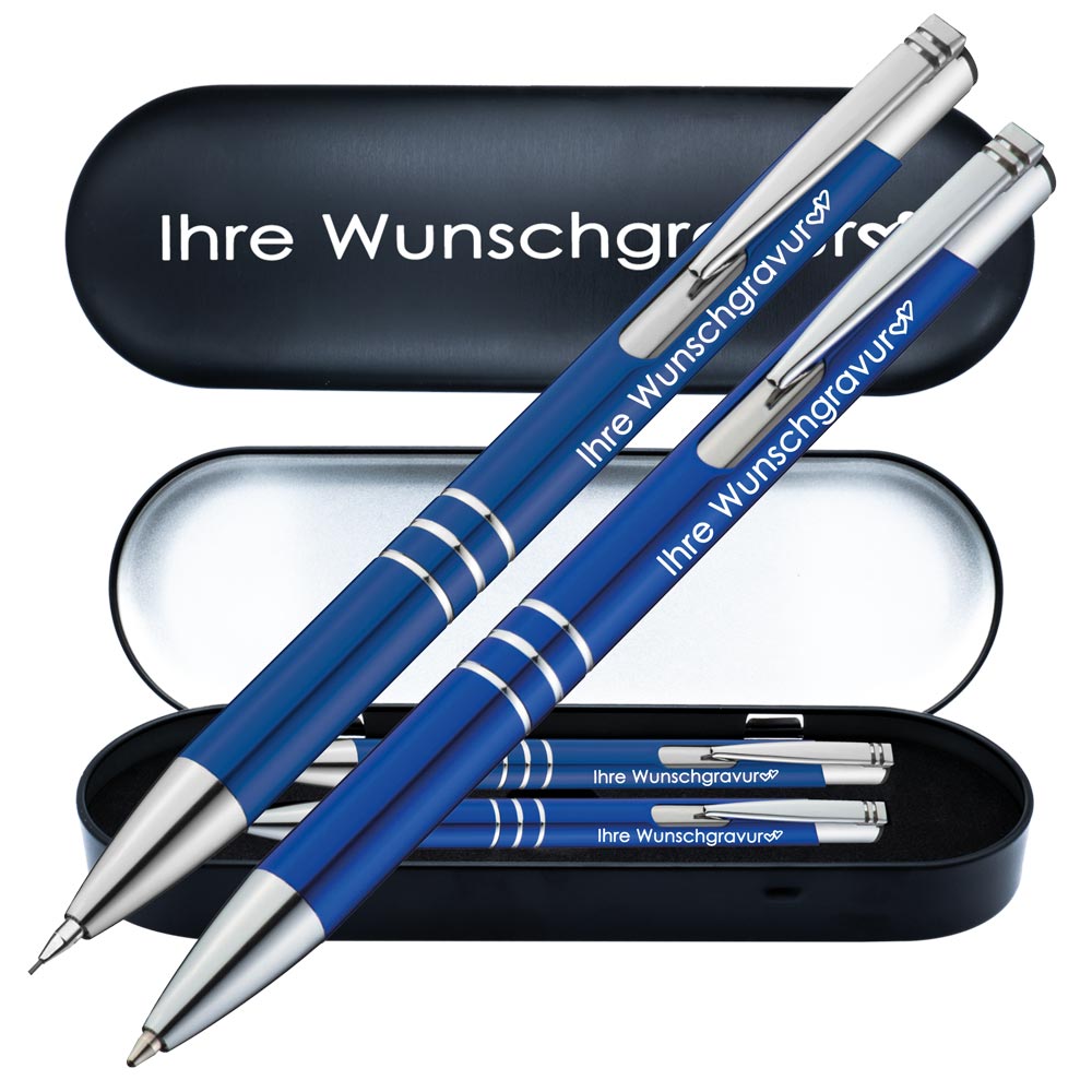 Schreibset Kugelschreiber & Druckbleistift aus Metall mit Gravur in Geschenkbox | personalisiertes Geschenkset im Etui für 10 Stifte | Box mit Wunschgravur