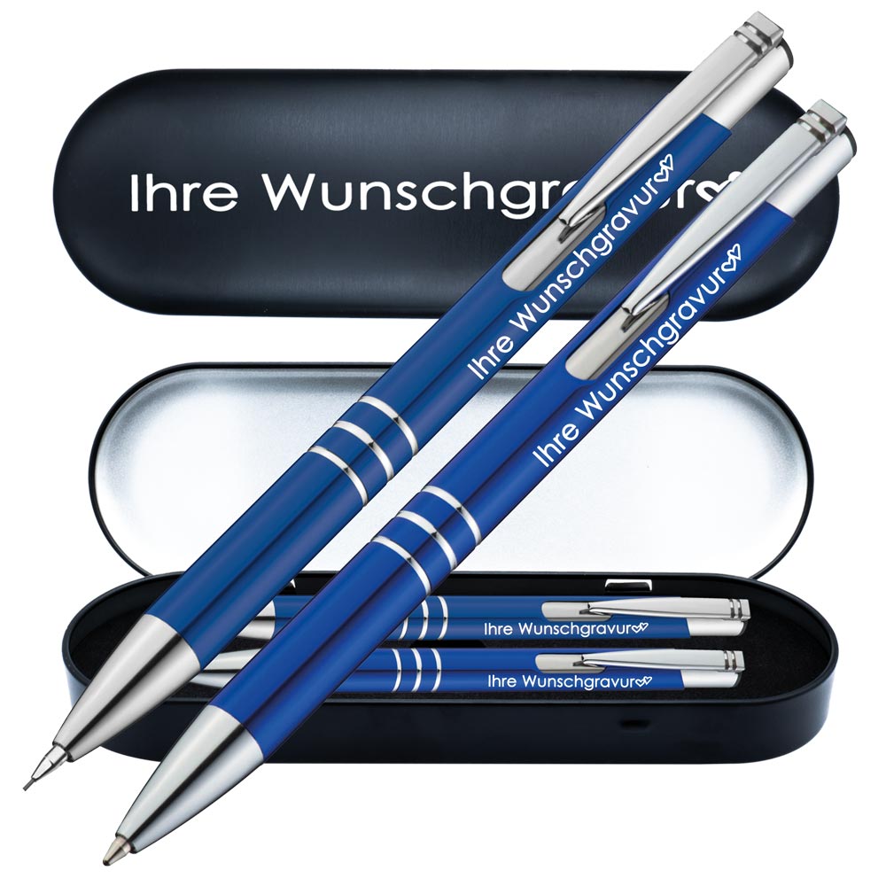 Schreibset Kugelschreiber & Druckbleistift aus Metall mit Gravur in Geschenkbox | personalisiertes Geschenkset im Etui für 10 Stifte | Box mit Wunschgravur