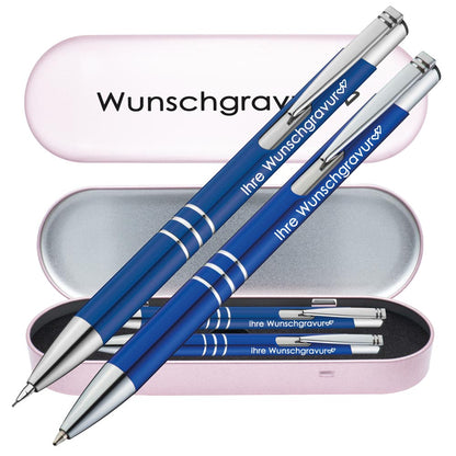 Schreibset Kugelschreiber & Druckbleistift aus Metall mit Gravur in Geschenkbox | personalisiertes Geschenkset im Etui für 10 Stifte | Box mit Wunschgravur