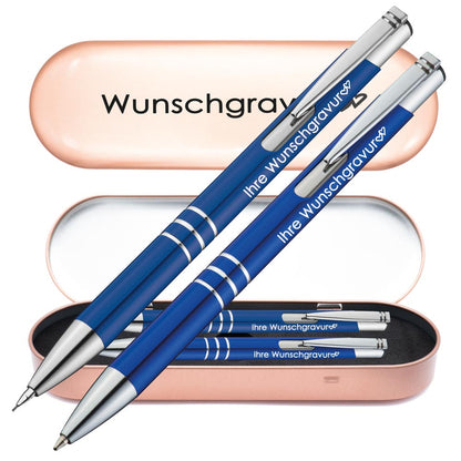 Schreibset Kugelschreiber & Druckbleistift aus Metall mit Gravur in Geschenkbox | personalisiertes Geschenkset im Etui für 10 Stifte | Box mit Wunschgravur