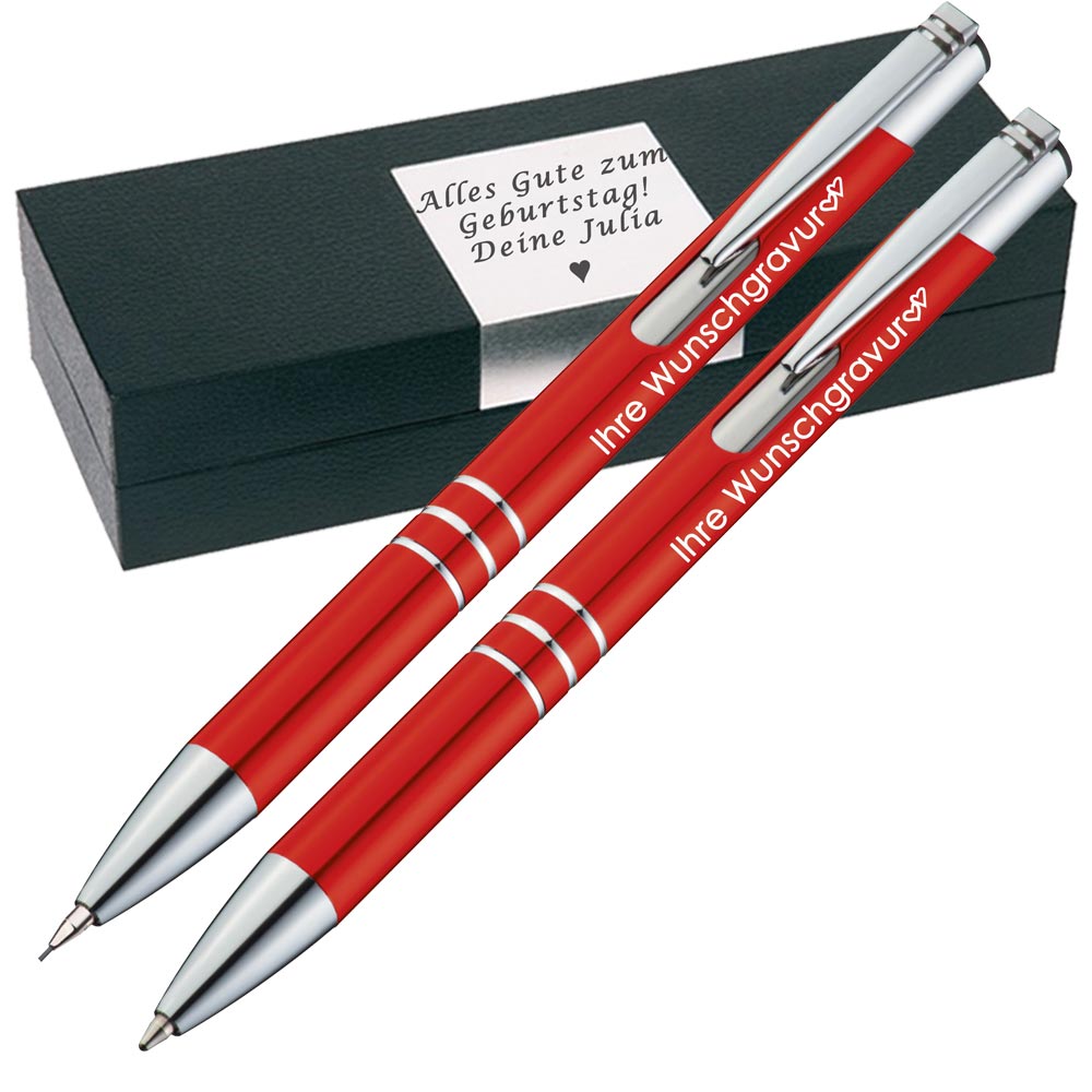 Schreibset Kugelschreiber & Druckbleistift aus Metall mit Gravur in Geschenkbox | personalisiertes Geschenkset im Etui für 10 Stifte | Box mit Wunschgravur