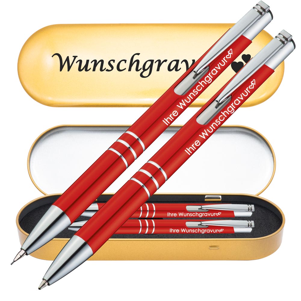 Schreibset Kugelschreiber & Druckbleistift aus Metall mit Gravur in Geschenkbox | personalisiertes Geschenkset im Etui für 10 Stifte | Box mit Wunschgravur