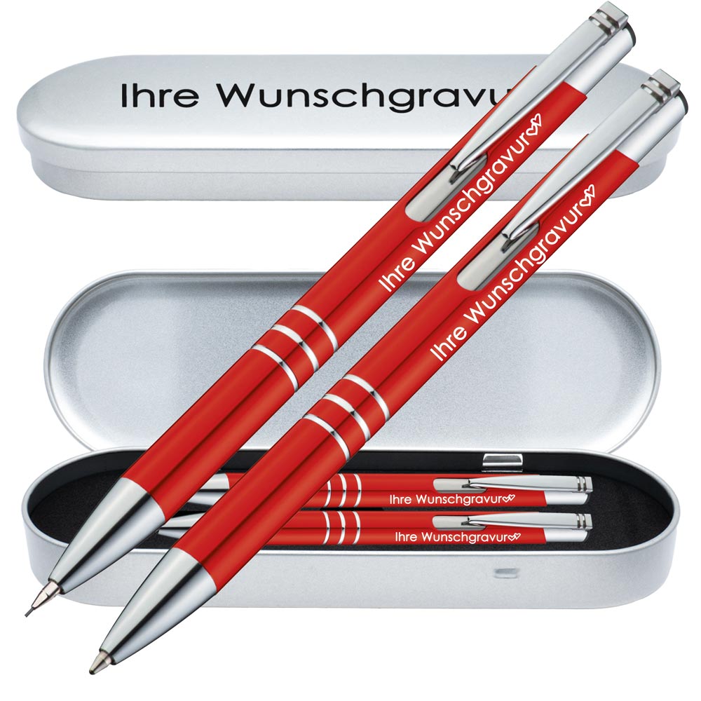 Schreibset Kugelschreiber & Druckbleistift aus Metall mit Gravur in Geschenkbox | personalisiertes Geschenkset im Etui für 10 Stifte | Box mit Wunschgravur