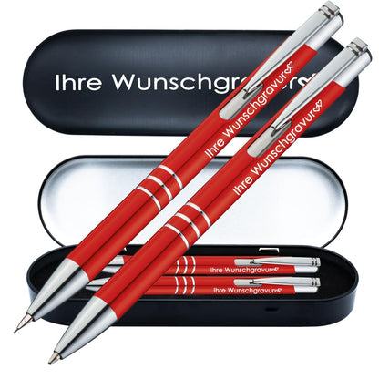 Schreibset Kugelschreiber & Druckbleistift aus Metall mit Gravur in Geschenkbox | personalisiertes Geschenkset im Etui für 10 Stifte | Box mit Wunschgravur