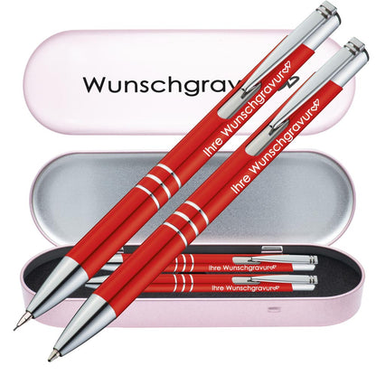 Schreibset Kugelschreiber & Druckbleistift aus Metall mit Gravur in Geschenkbox | personalisiertes Geschenkset im Etui für 10 Stifte | Box mit Wunschgravur