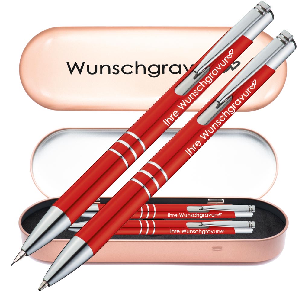 Schreibset Kugelschreiber & Druckbleistift aus Metall mit Gravur in Geschenkbox | personalisiertes Geschenkset im Etui für 10 Stifte | Box mit Wunschgravur