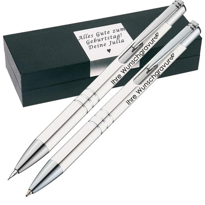Schreibset Kugelschreiber & Druckbleistift aus Metall mit Gravur in Geschenkbox | personalisiertes Geschenkset im Etui für 10 Stifte | Box mit Wunschgravur