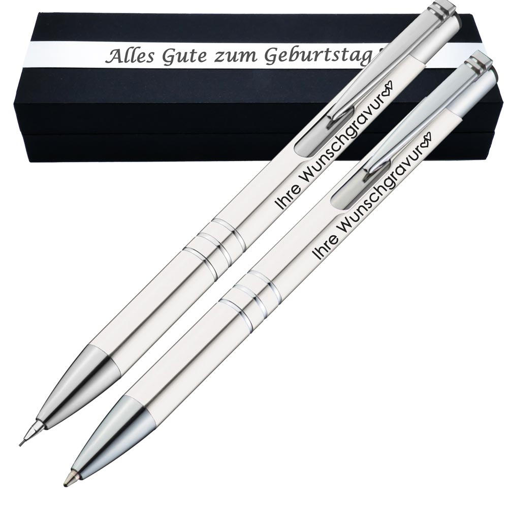 Schreibset Kugelschreiber & Druckbleistift aus Metall mit Gravur in Geschenkbox | personalisiertes Geschenkset im Etui für 10 Stifte | Box mit Wunschgravur