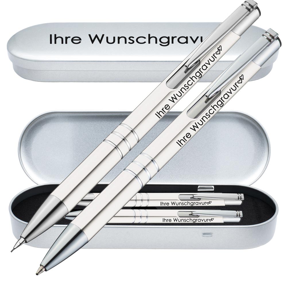 Schreibset Kugelschreiber & Druckbleistift aus Metall mit Gravur in Geschenkbox | personalisiertes Geschenkset im Etui für 10 Stifte | Box mit Wunschgravur