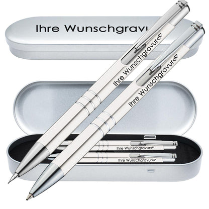 Schreibset Kugelschreiber & Druckbleistift aus Metall mit Gravur in Geschenkbox | personalisiertes Geschenkset im Etui für 10 Stifte | Box mit Wunschgravur