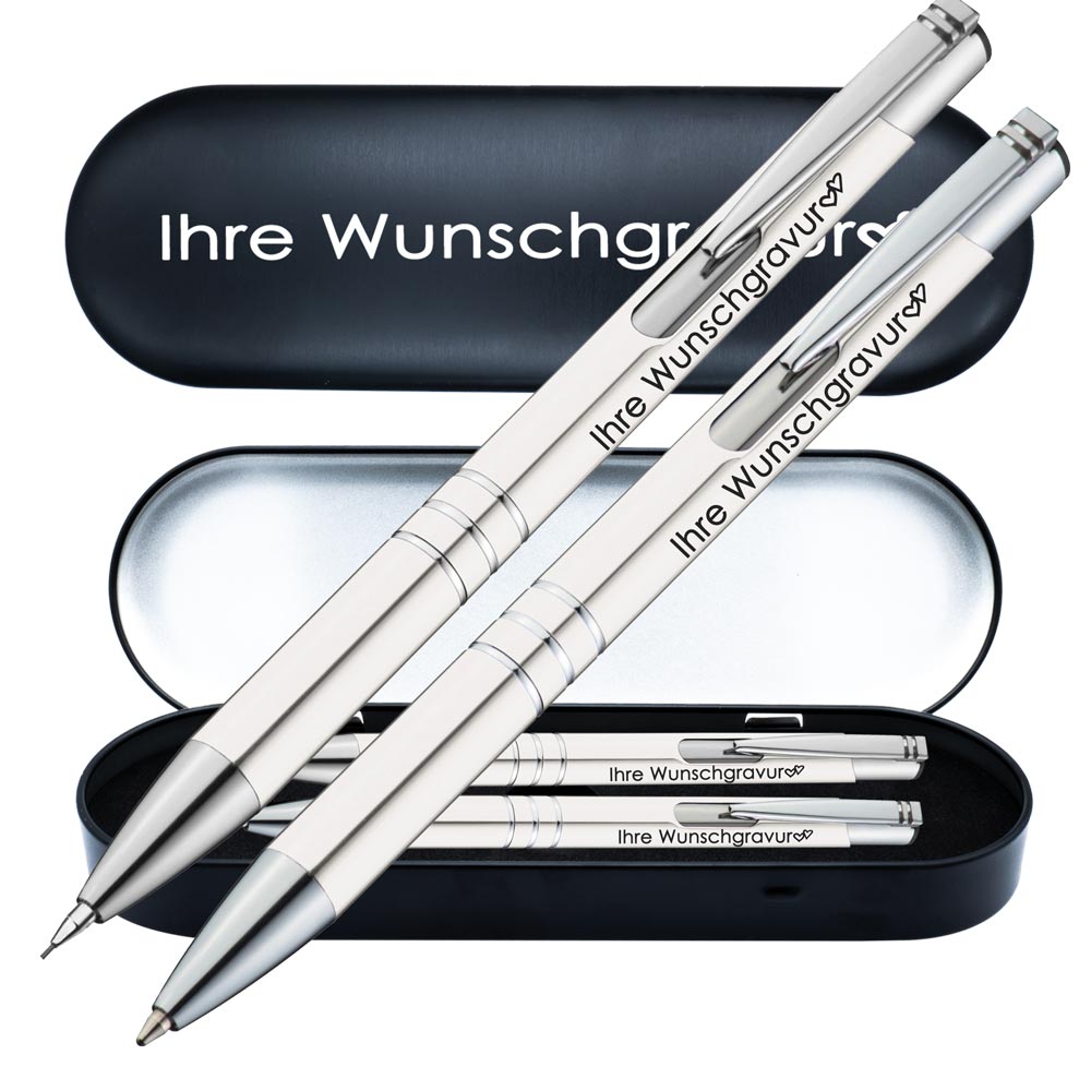 Schreibset Kugelschreiber & Druckbleistift aus Metall mit Gravur in Geschenkbox | personalisiertes Geschenkset im Etui für 10 Stifte | Box mit Wunschgravur