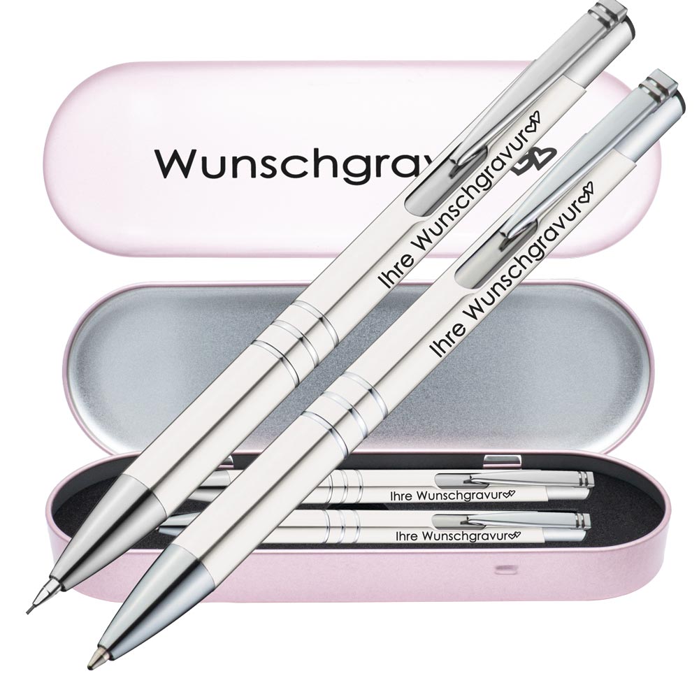 Schreibset Kugelschreiber & Druckbleistift aus Metall mit Gravur in Geschenkbox | personalisiertes Geschenkset im Etui für 10 Stifte | Box mit Wunschgravur