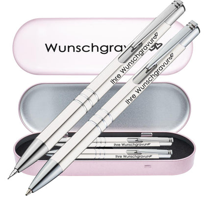 Schreibset Kugelschreiber & Druckbleistift aus Metall mit Gravur in Geschenkbox | personalisiertes Geschenkset im Etui für 10 Stifte | Box mit Wunschgravur