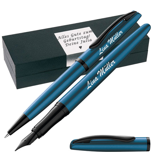 Pelikan Schreibset Füllhalter & Kugelschreiber Jazz Noble Elegance Aquamarin mit Gravur – quadratische Gravurfläche