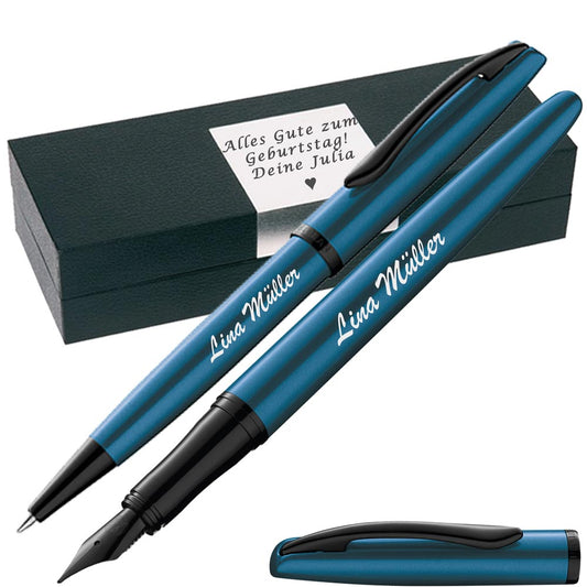 Pelikan Schreibset Füllhalter & Kugelschreiber Jazz Noble Elegance Aquamarin mit Gravur – quadratische Gravurfläche