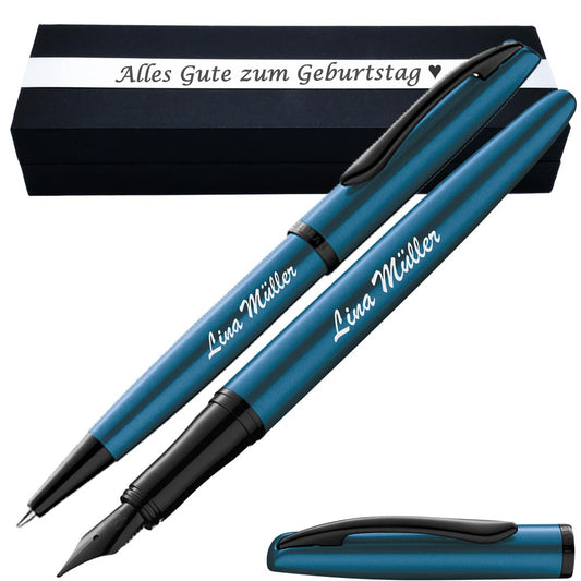 Pelikan Schreibset Füllhalter & Kugelschreiber Jazz Noble Elegance Aquamarin mit Gravur – längliche Gravurfläche