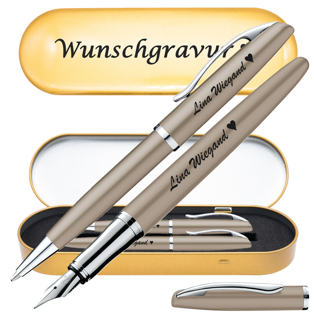 Pelikan Schreibset Füllhalter & Kugelschreiber Jazz Noble Elegance Taupe mit Gravur inkl. Geschenkbox mit Gravur