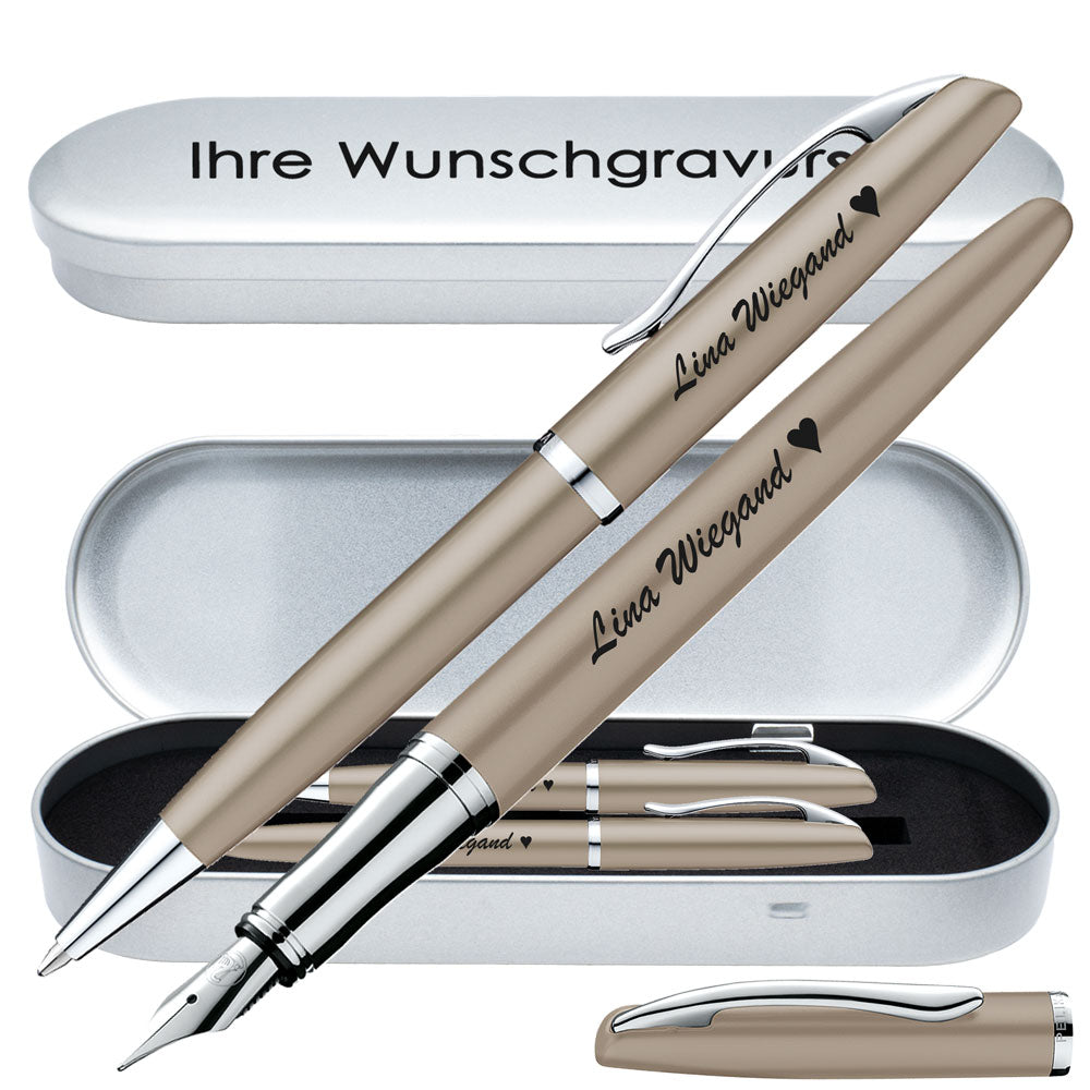 Pelikan Schreibset Füllhalter & Kugelschreiber Jazz Noble Elegance Taupe mit Gravur inkl. Geschenkbox mit Gravur