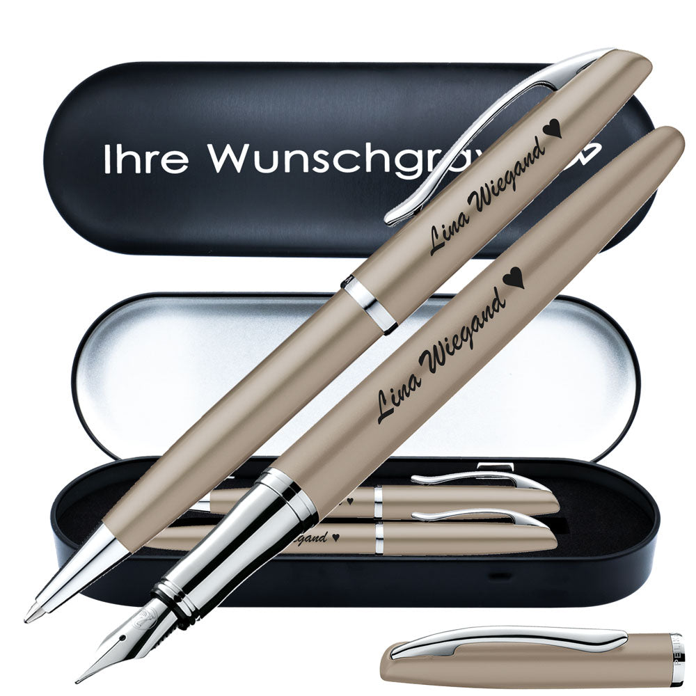 Pelikan Schreibset Füllhalter & Kugelschreiber Jazz Noble Elegance Taupe mit Gravur inkl. Geschenkbox mit Gravur