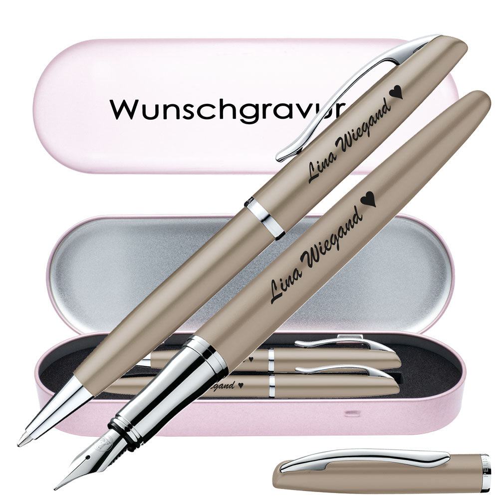 Pelikan Schreibset Füllhalter & Kugelschreiber Jazz Noble Elegance Taupe mit Gravur inkl. Geschenkbox mit Gravur