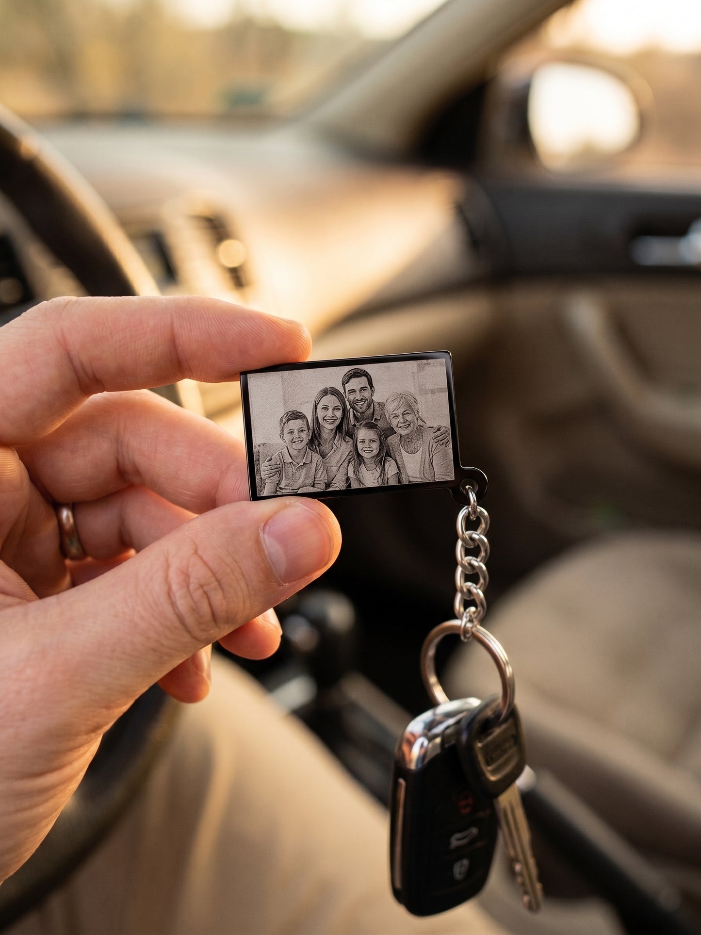Schlüsselanhänger mit Bildgravur in der Hand