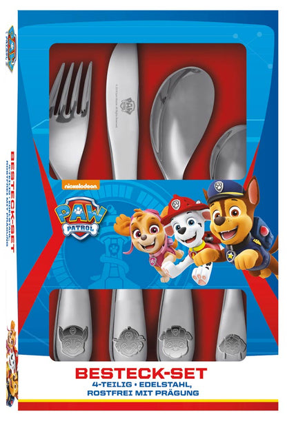 PAW Patrol Kinderbesteck mit Namensgravur | Emojis Gravur | 4-telig | Rostfrei | Mit Prägung | Spülmaschinenfest |