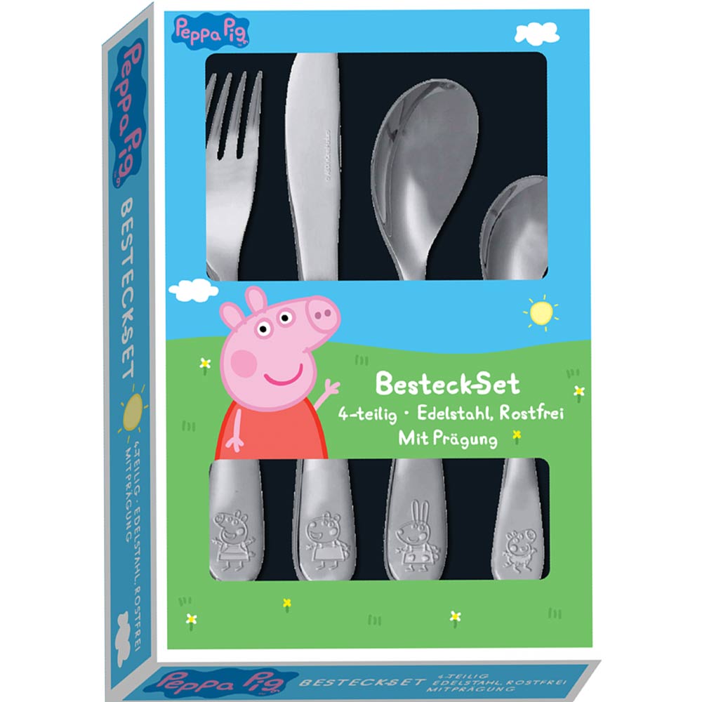 Peppa Pig mit Namensgravur | Symbole ♥ Gravur | 4-telig | Rostfrei | Mit Prägung | Spülmaschinenfest |
