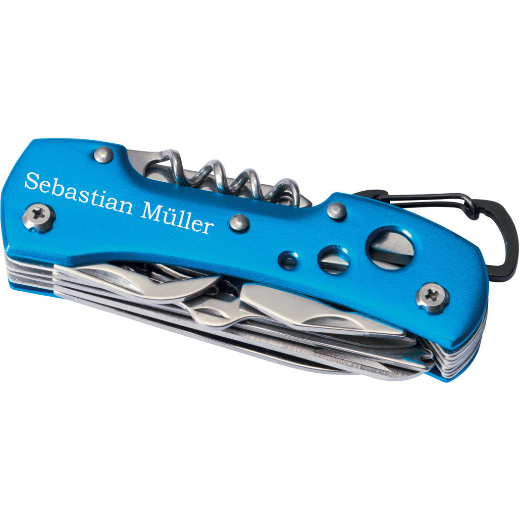 Juwelier Schönschmied Tachenmesser 12-teilig Messer mit Gravur Multifunktionsmesser mit Wunschgravur als Geschenk Farbe Blau Edelstahl